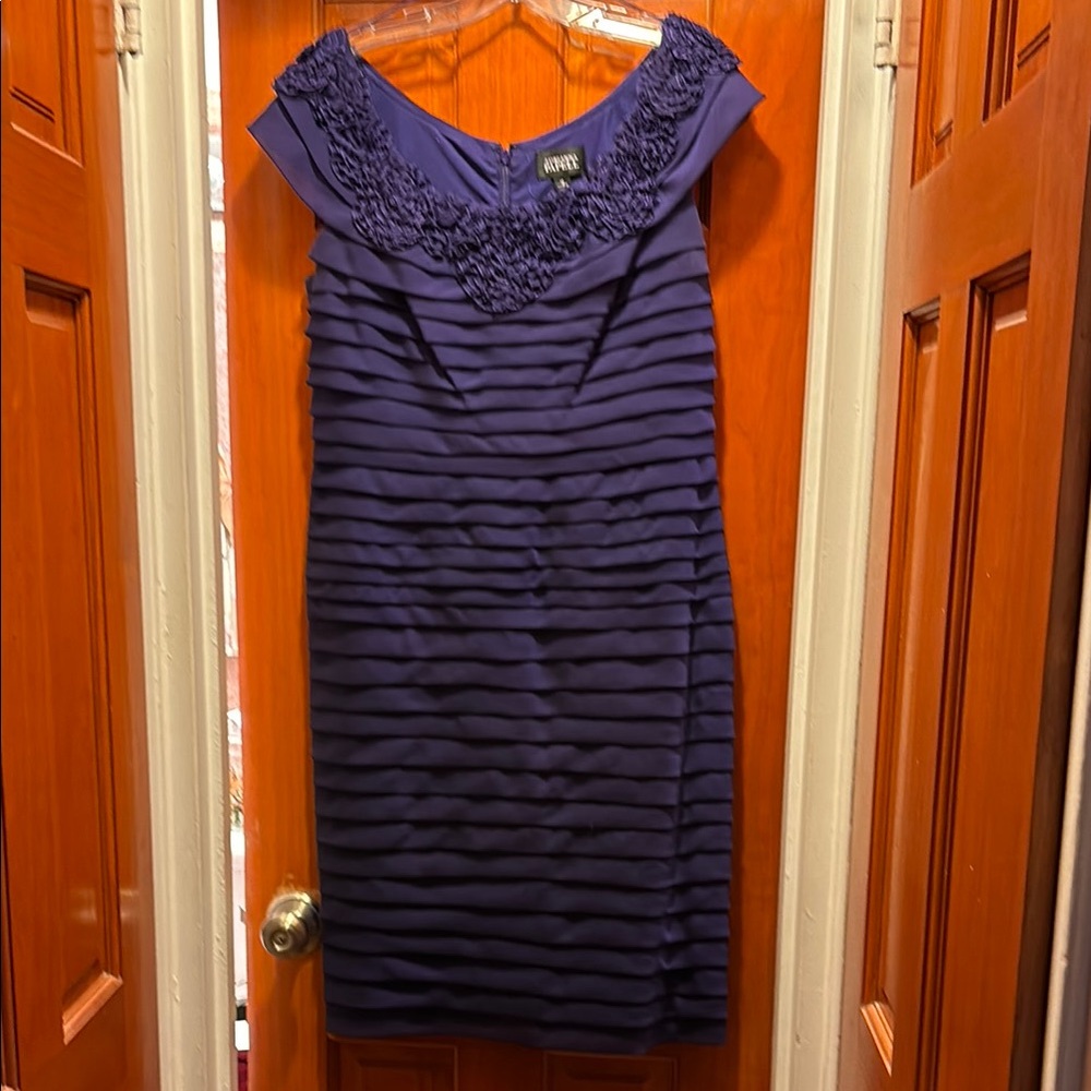 Adrianna Papell Purple Off-the-Shoulder Sheath Midi Dress